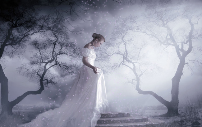 Обои картинки фото фэнтези, девушки, девушка, невеста, деревья, грустная