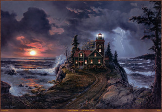 обоя jesse, barnes, lighthouse, cove, рисованные, побережье, дорога, буря, шторм, море, маяк, арт, закат, пейзаж