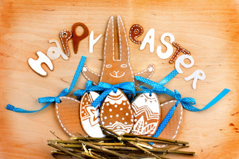 Картинка праздничные пасха easter праздник заяц яйца фигурки гнездо ветки дерево ленты надпись