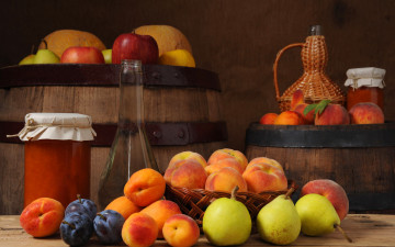 обоя еда, фрукты,  ягоды, персики, груши, бочки, сливы, варенье, яблоки