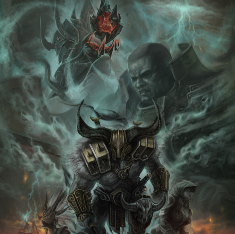 Обои картинки фото видео игры, diablo iii,  reaper of souls, девушки, дьявол, человек, души, арт, рога, камень, мрачно, молнии, шлем