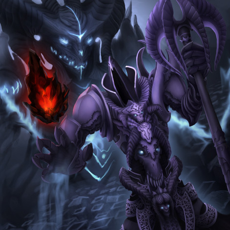 Обои картинки фото видео игры, diablo iii,  reaper of souls, фиолетовый, монстр, дьявол, доспехи, посох, камень