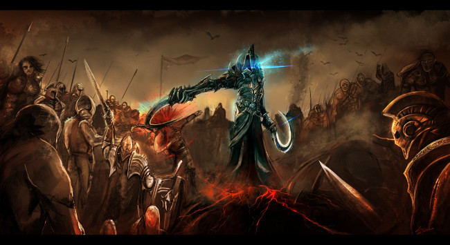 Обои картинки фото видео игры, diablo iii,  reaper of souls, сияние, флаги, копья, мечи, кровь, люди, оружие, серпы, дьявол, мрачно, птицы