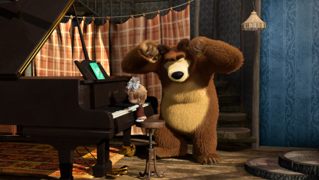 Обои картинки фото мультфильмы, маша и медведь, маша, медведь, мишка, пианино