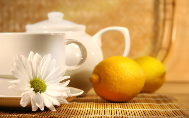 Обои картинки фото еда, цитрусы, лимон, чай, lemon, чашка, ромашка, tea