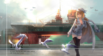 Картинка аниме оружие +техника +технологии девушка шляпа небо пристань форма magician голуби корабль