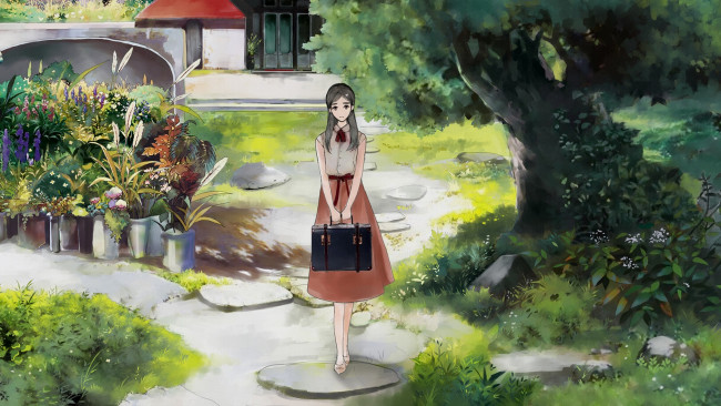 Обои картинки фото аниме, unknown,  другое, растения, клумба, девушка, дорожка, арт, дерево, цветы, портфель, yong, kit, lam, дом, трава