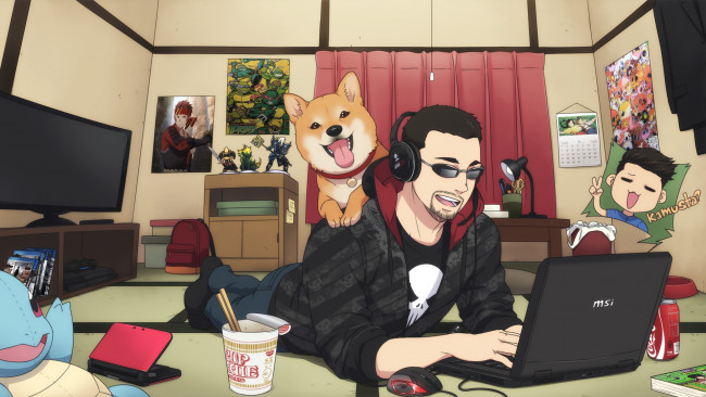 Обои картинки фото аниме, unknown,  другое, собака, очки, наушники, парень, комната, ноутбук, арт