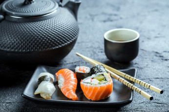 Картинка еда рыба +морепродукты +суши +роллы палочки суши чайник