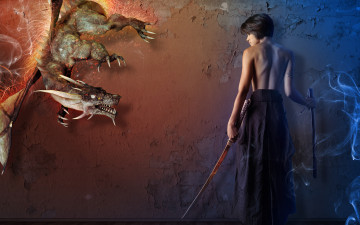 Картинка фэнтези фотоарт катана фото арт дракон девушка