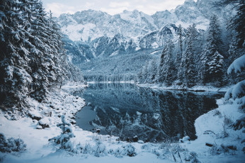 Картинка природа зима лес снег озеро горы