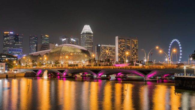 Обои картинки фото города, сингапур , сингапур, мост, огни, ночь