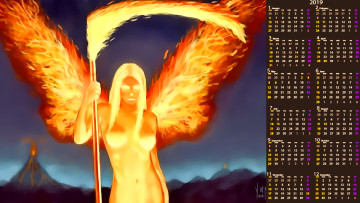 Картинка календари фэнтези огонь пламя крылья коса девушка силуэт