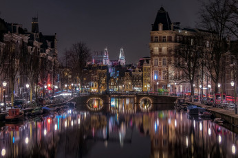 обоя города, амстердам , нидерланды, вечер, огни, канал