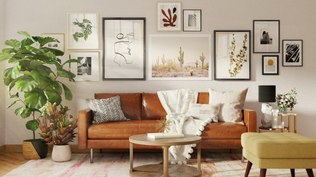 Обои картинки фото интерьер, гостиная, картины, кожаный, диван, подушка, вазоны