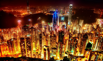 Картинка города гонконг китай огни ночь здания небоскрёбы