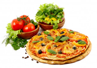 обоя еда, пицца, дощечка, помидоры, листики, белый, фон, овощи, зелень