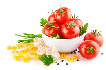Картинка еда разное макароны грибы салатница помидоры белый фон душистый перец томаты