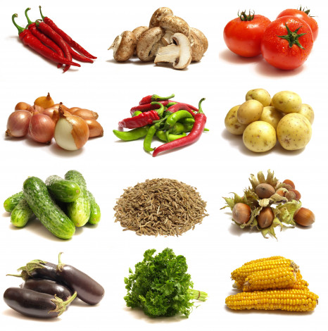 Обои картинки фото еда, разное, орехи, белый, фон, коллаж, злаки, овощи, баклжаны, зелень, кукуруза, огурцы, томаты, грибы, перец
