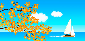 Картинка векторная+графика ветки облака небо листья парусник вода