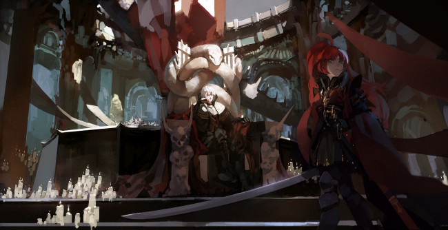 Обои картинки фото аниме, -weapon,  blood & technology, черепа, оружие, девушка, blueman, змея, трон, арт, парень, меч, свечи