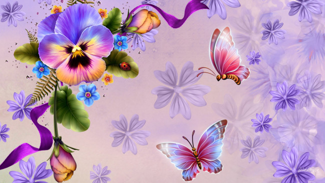 Обои картинки фото рисованные, цветы, фон, бабочки