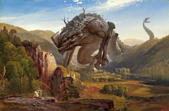 Картинка фэнтези существа художник горы долина чудовище монстр гигантский
