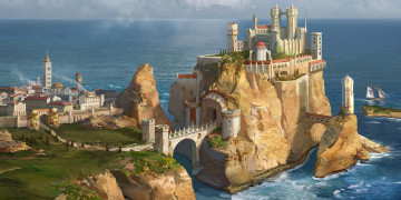 обоя фэнтези, замки, море, башни, мосты, скалы, парусник, замок