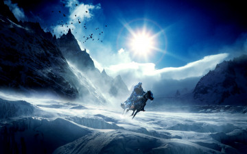 Картинка фэнтези иные+миры +иные+времена всадник фантастика небо горы птицы солнце лед сосульки холод зима конь