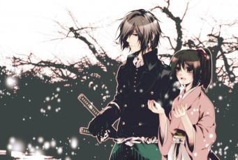 Картинка аниме hakuoki перчатки меч снег улыбка пара девушка парень зима оружие saitou hajime yukimura chizuru