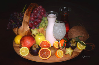 Картинка еда разное киви молоко фрукты гранат кокос апельсин лимон яблоко карамболь виноград коктейль сок