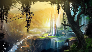 Картинка фэнтези иные+миры +иные+времена свет река водопады горы дворец башни деревья птицы
