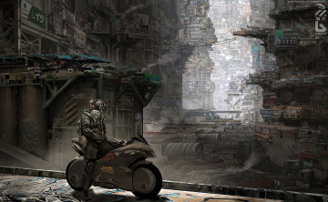 Картинка фэнтези роботы +киборги +механизмы мотоцикл средство транспортное мегаполис мир иной