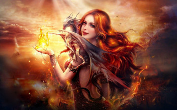 Картинка фэнтези красавицы+и+чудовища dragon fire девушка fantasy арт огонь дракон