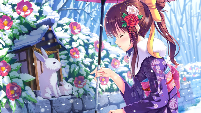 Обои картинки фото аниме, животные,  существа, улыбка, брюнетка, девушка, короткие, волосы, цветок, кролик, kimono, японская, одежда, зонтик