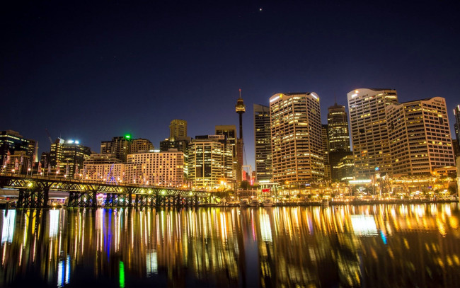 Обои картинки фото города, сидней , австралия, вечер, вода, огни, отражение