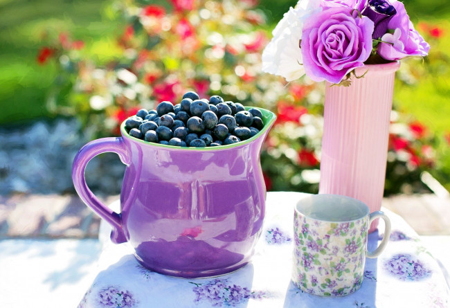 Обои картинки фото еда, голубика,  черника, розы, ягоды, кувшин, кружка, черника