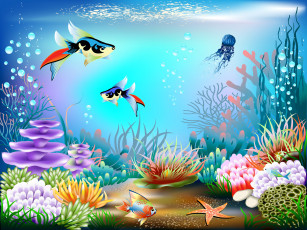 обоя векторная графика, животные , animals, подводный, мир, кораллы, вектор, пузырьки, рыбы