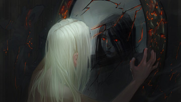 Картинка фэнтези демоны девушка трещины отражение зеркало демон