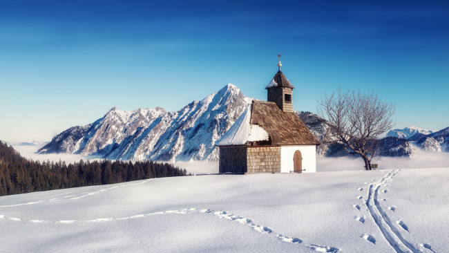 Обои картинки фото города, - католические соборы,  костелы,  аббатства, снег, горы