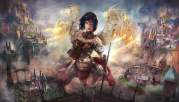 Картинка фэнтези ангелы девушка фон взгляд крылья униформа