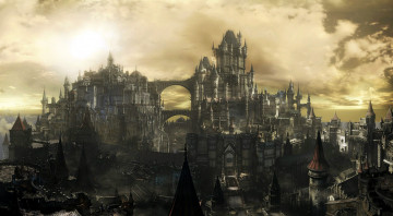 обоя видео игры, dark souls 3, город, замок, тучи