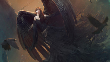 Картинка фэнтези ангелы девушка крылья вороны