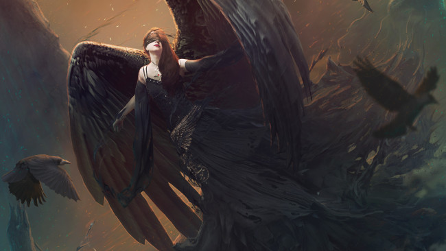 Обои картинки фото фэнтези, ангелы, девушка, крылья, вороны
