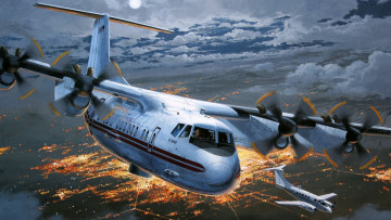 Картинка рисованные авиация луна огни ночь город армия сша самолёт самолёт-разведчик huron eo-5 beechcraftm c-12 облака