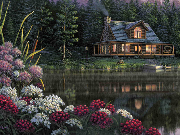 Обои картинки фото kim, norlien, рисованные, озеро, дом