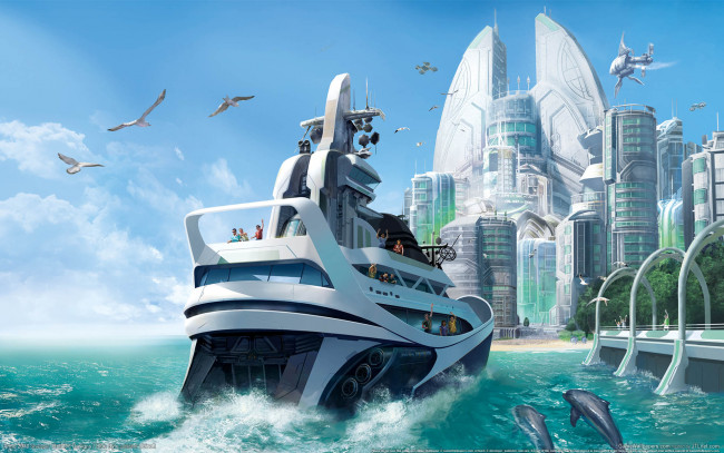 Обои картинки фото anno, 2070, видео, игры, яхта, город, дельфины