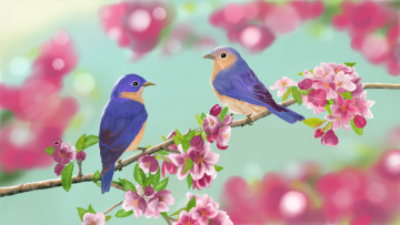 Картинка рисованные животные +птицы птица ветка цветы