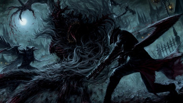 Картинка фэнтези существа битва кровь монстр охотник арт ночь