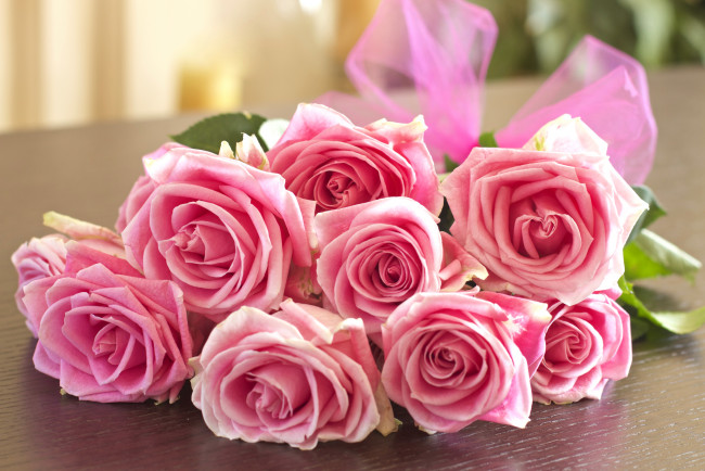 Обои картинки фото цветы, розы, бутоны, букет, розовые, бант